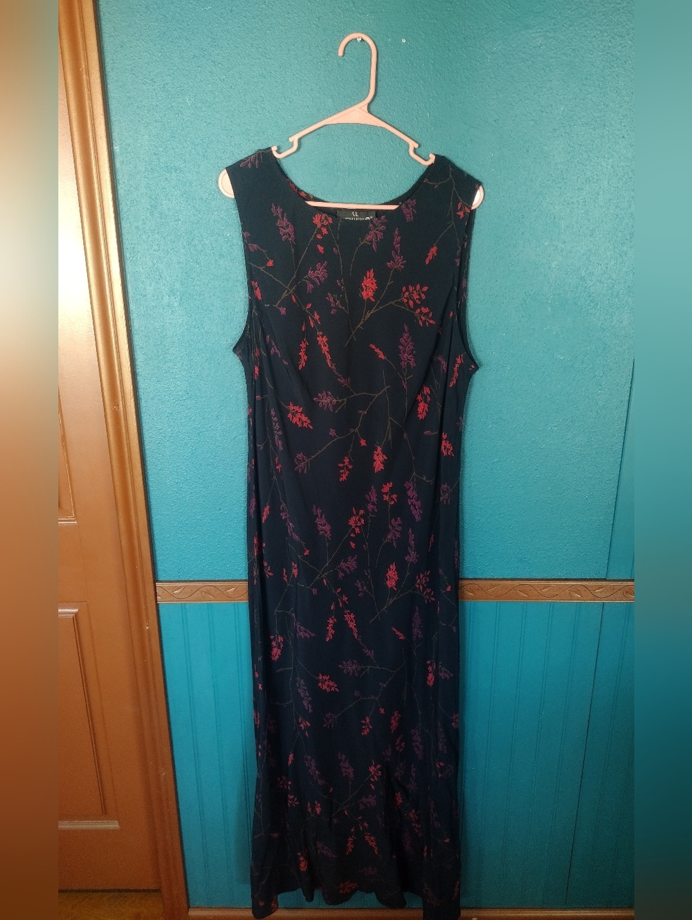 Vintage Carole Little Black Sleeveless Floral Maxi Dress Red & Purple Sprigs